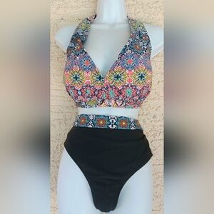 Boho SWIM SEXY Colorful Padded Halter Fold-over High Waisted Bikini 24 Black